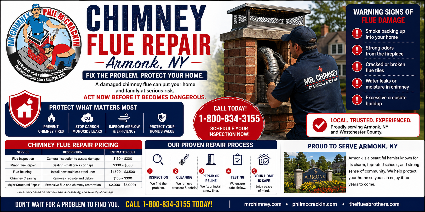 Armonk Chimney Flue Repair Near Me | Call 1-800-834-3155