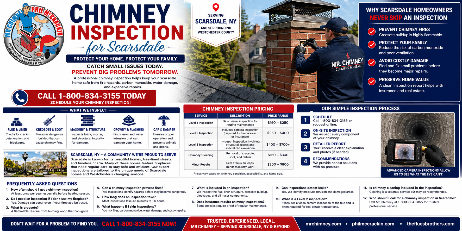 Scarsdale Chimney Inspection Near Me |  Call 1-800-834-3155