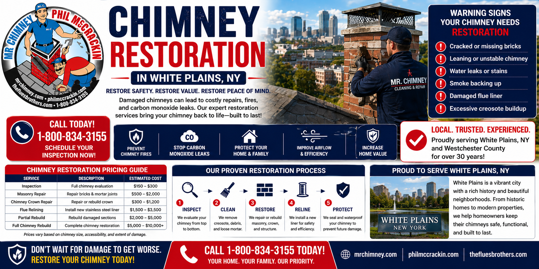 White Plains Chimney Restoration Near Me | Call 1-800-834-3155